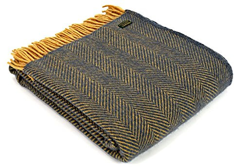 Tweedmill Textiles 100% Pure New Wool Herringbone Throw, Navy/Mustard, 150x180cm