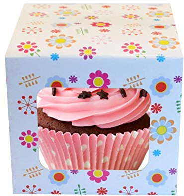 Komonee 50 x Cupcake Boxes Individual Pattern Single Fairy Cup Cake With Clear Window Cardboard Packaging Box Baking Kids Muffins Cookies Brownies Christmas Bake Weddings