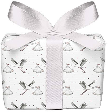 5er Set 5 Bögen Geschenkpapier zur Geburt STORCH MIT BABY WEIß Verpackung Geschenke Taufe Glückwunsch gedruckt auf PEFC zertifiziertem Papier, 50 x 70 cm
