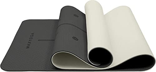 MAXYOGA® MaxDirect Esterilla Yoga con Sistema de Alineación y Marcados. Colchoneta Yoga Mat Antideslizante y Ligera de Material Ecológico TPE. Tamaño Ideal 183cm x 61cm x 6mm. - Negro