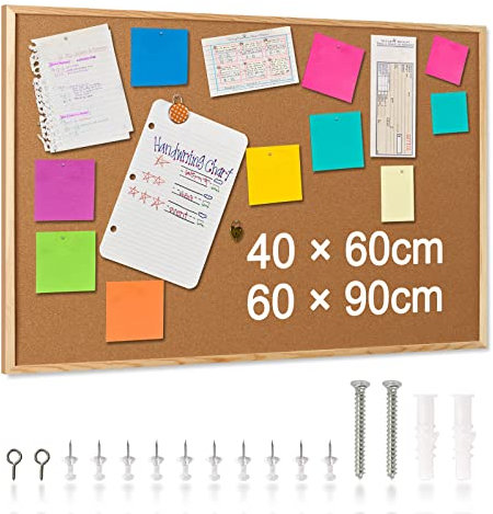 QUEENLINK Cork Notice Board Wooden Frame, 90 x 60 cm with 6 Pins, Double-Sided Available Cork Bulletin Board for Home Bedroom Offices Memo Message Pictures Planning