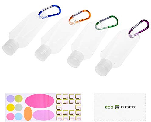 Eco-Fused 4x tragbare Reiseflaschen - bis zu 50 ML - für Flüssigseifen, Shampoo, Lotion, Desinfektionsmittel, Alkohol zum Einreiben - enthält auch 4x Karabiner, 1x Aufkleber-Etikettenbogen