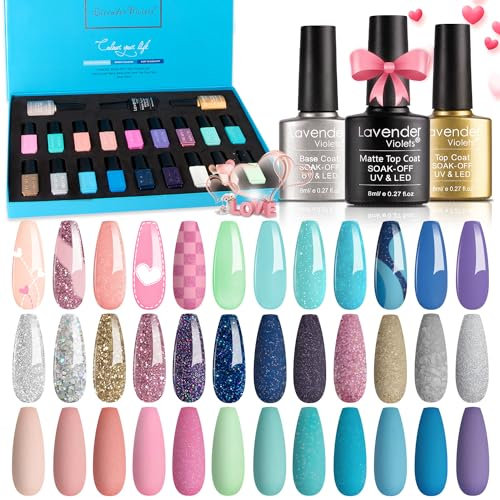 Lavender Violets 25 Pcs Gel Nail Polish Gift Set Morandi Nude Green Blue Glitter Red Purple Spring Colors Soak Off UV LED Base,Glossy n Matte Top Coat Manicure Varnish Starter Kit C408