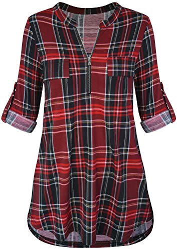 Odosalii Tunique zippée à carreaux pour femme à manches courtes/longues Imprimé floral, L-rouge noir, L