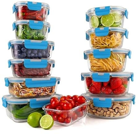 NutriChef Contenitori Vetro per Alimenti 24 Pezzi, 12 Contenitori Impilabili con Coperchi Ermetici, per Dolci, Verdura, Pomodoro, Frutta, Pasta e Cereali, Microonde e Freezer Sicuri, Blu