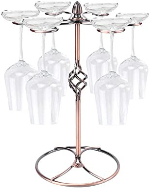 6 Hook Wine Glass Rack Holder Retro Style Tabletop Wine Glass Display Holder Hanging Shelf Organizer Kitchen Cutlery Storage Rack for Home Bar Restaurant Display Stand (2#-Bronze)