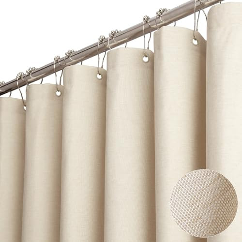 BTTN Rideau de douche en tissu polyester texturé de lin robuste avec 12 crochets en plastique, rideaux de douche décoratifs imperméables pour salle de bain, 182,9 x 182,9 cm, beige/crème