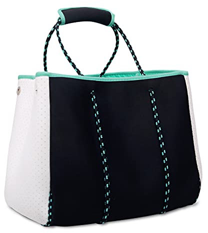 Nordic By Nature Große Designer-Strandtasche für Damen, Herren und Kinder, Schwarz und Weiß/Türkis, Large
