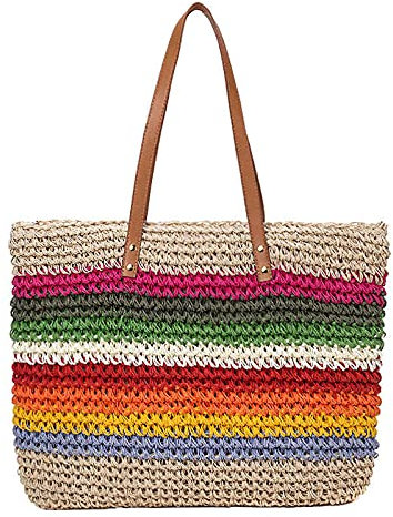 XLHH Damen Stroh Handtasche Tote, Sommer Strand Tasche Bunte Schultertasche mit Ledergriffe Henkeltasche Crossbody Einkaufstasche Basttasche