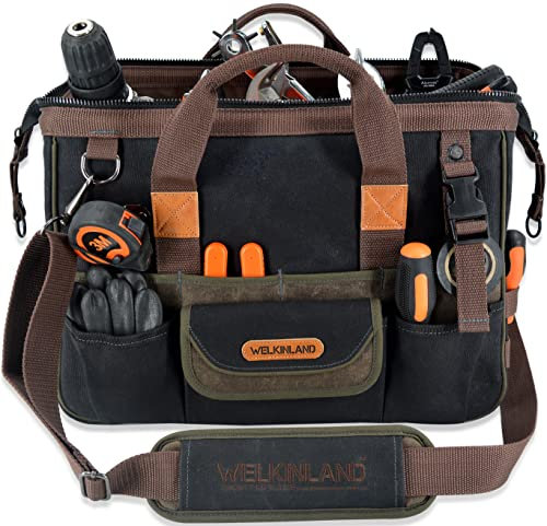 WELKINLAND Werkzeugtasche aus gewachstem Segeltuch mit 32 Taschen, robuste Elektriker-Werkzeugtasche, HVAC-Werkzeugtasche, Organizer, 40,6 cm Werkzeugtasche für Herren, Werkzeugtaschen für Elektriker