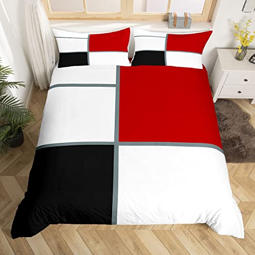 feelingyou Rot Weiß Moderner Trösterbezug,Abstrakter Kunstform Bettbezug für Mädchen Teens Dekor Schlafzimmer,Schwarzer Vintage Karierter Druck Polyester Bettbezug mit 1 Kissenbezug,155×220 cm