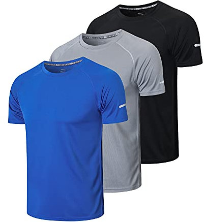 HUAKANG 3Pack Sports Tshirts Men Running Top Short Sleeve Quick Dry T-Shirt Breathable Gym Tee Sport Shirts for Men(520 Black Grey Blue-L)