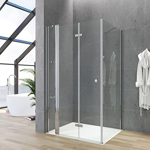 Duschkabine Eckeinstieg 140x90 x 187 cm Duschabtrennung Duschwand Glas Eck Dusche Duschtür an Festteil mit festem Seitenteil Eckdusche rahmenlos Falttür Drehtür Drehfalttür Eckregale Eckablage