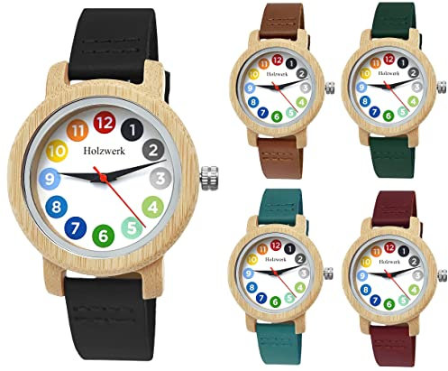 Holzwerk Germany® Mädchen-Uhr Kinder-Uhr Jungen-Uhr Öko Natur Holz-Uhr Lern-Uhr Leder Armband-Uhr Analog Klassisch Quarz-Uhr in Blau Schwarz Grün Rot Türkis Braun Weiß Bunt (Schwarz..)