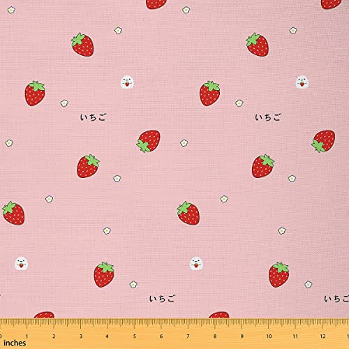 Erdbeer Stoff für Mädchen Meterware Kawaii Erdbeer Polsterstoff japanischer Stil rosa süßes Cartoon Obst Lebensmittel Thema DIY Outdoor Stoff Girly weißer Blumenstoff zum Quilten Nähen 92x150 (HxB)