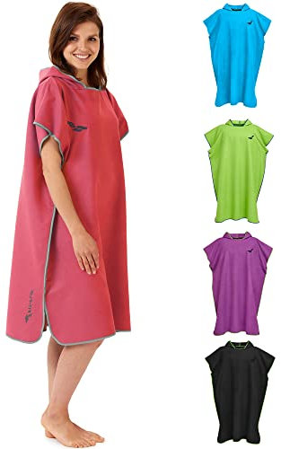 Fit-Flip Strandponcho für Surfer - Poncho Handtuch schnelltrocknend aus Mikrofaser - Umkleidehilfe Strand - Surfponchos Ultraleicht - Badeponcho für Erwachsene (Größe L, Koralle/Grau)
