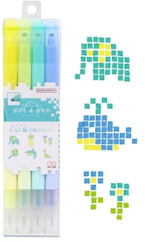 SUN-STAR DotEPen, Double Sided Water- Based marker Pen, Square Dot and Fine- Point Pen for Art, Coloring, Illustrating, Set of 4,B Collection (Fluorescent Yellow, Fluorescent Green, Mint, Blue)
