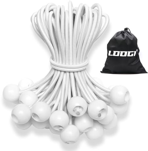 LOOGI Bungee Cord with Balls, 50Pcs 6 Inch White Bungee Ball Cords, Heavy Duty Tarp Bungees Ties Elastic Tie Down Straps for Tarpaulin Tent Camping Pavilions Flag Marquee