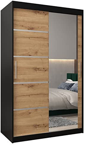 ABIKSMEBLE Verona 2 120 Armario 2 Puertas Correderas para Dormitorio - Armario Moderno con Espejo, Barra y Estantes - 120x200x62 cm (Ancho x Alto x Fondo) - Negro Mate + Artisan
