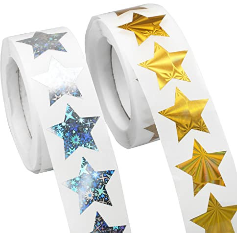 WakiHong 2 Bände Aufkleber Goldene und Silberne Sterne Groß Glitzer Sticker