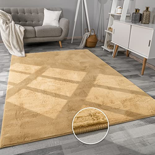 Paco Home Hochflor Teppich Wohnzimmer Flauschig Fellteppich Kunstfell Plüsch Shaggy Weich Fellimitat, Grösse: 160x220 cm, Farbe: Gelb