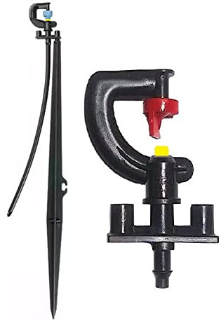 Microarroseur 180° + piquet pour l'irrigation agricole et l'irrigation dans le jardinage. Microarroseur pour irrigation de 180° avec débit 35 à 120 l/h. Rayon de portée de 1,2 à 2 m. Piquet de 30cm.