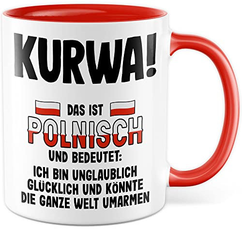 Kurwa Tasse lustige Kaffeetasse mit Spruch polnisch Kaffee-Becher Polen Witz kurwa mac Geschenkidee Pole Polin Geschenk Ostblock falsche Übersetzung Deutsch-Polnisch Sarkasmus (Weiß/Rot)
