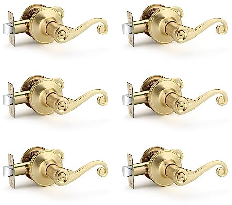 Bonpoly 6 Stück Sichtschutz Türgriffe Satin Messing Türknauf, Privatsphäre Verwendung Türschloss Set Sichtschutz Türhebel Innen/Badezimmer/Schlafzimmer Türgriff Wave Style Hebel Türgriff