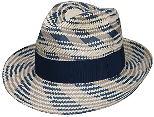 Lipodo Chapeau en Paille Tricolour Fedora Femme/Homme - Made in Italy pour Le Jardin d'été avec Ruban Gros Grain Été Printemps-été - S (54-55 cm) Bleu-Gris