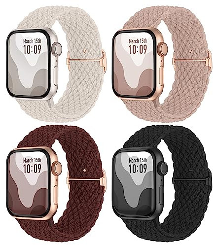 Rutschfestes Geflochtenes Armband Kompatibel mit Apple Watch Armband 44mm 45mm 42mm 49mm, Verstellbar Elastisch Nylon Stoff Ersatzarmband für iWatch Series SE 9 8 7 6 5 4 3 Ultra/Ultra 2, 4er Pack