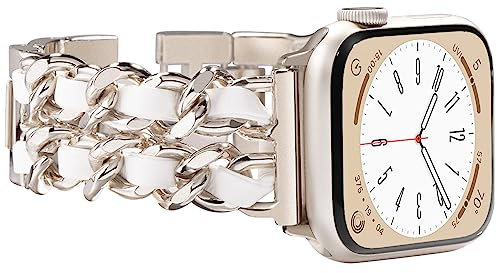 NewWays Women Metal Strap Compatible for Apple Watch 46mm 45mm 44mm 42mm(Series 3 2 1),Stainless Steel Link Bracelet for iWatch Series 11/10/9/8/7/6/5/4/3/2/1/SE,Starlight Link with White Leather
