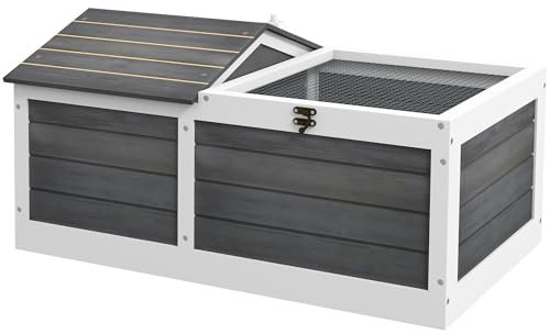 PawHut Wooden Tortoise House, Tortoise Table with Hide Shelter Run, Openable Top, Tray, Dark Grey