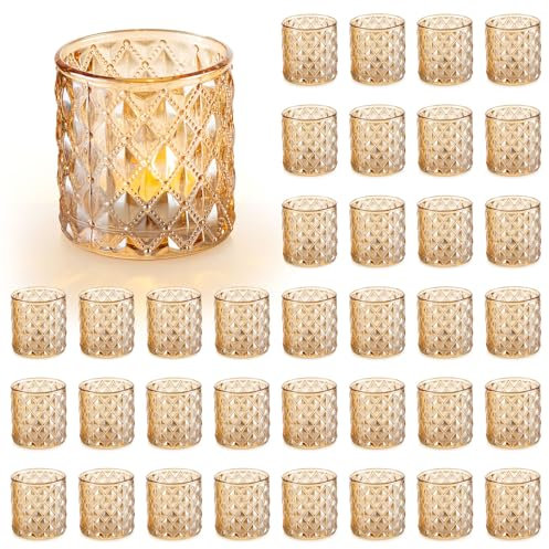 Inweder Gold Bougeoir Votif en Verre Lot de 36 Support pour Chauffe-Plat Photophore en Verre Transparent pour Bougies Piliers Porte-Bougies Ensemble pour Mariage Noël Fête Prénatale et Décor de Table