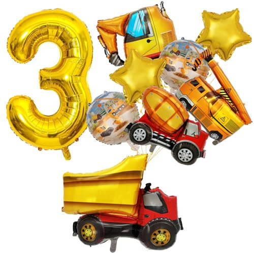 3rd Birthday Decorations for Boys, 3rd Birthday Balloons for Boys, Car Decorations, Transport Foil Balloons with Excavator, Truck, Crane, Cement Truck for Construction Birthday Party Supplies for Boys
