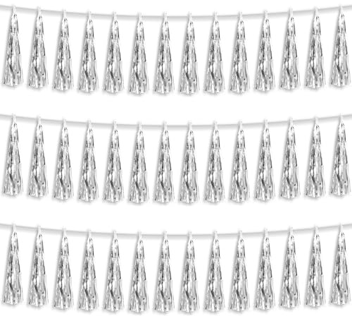 3P Silber Folie Fransen Metallic Quaste Luftschlangen Banner Quaste Girlande für Parade Floats, Junggesellinnenabschied, Hochzeit, Geburtstag, Halloween, Weihnachten, Braut/Baby Shower Party