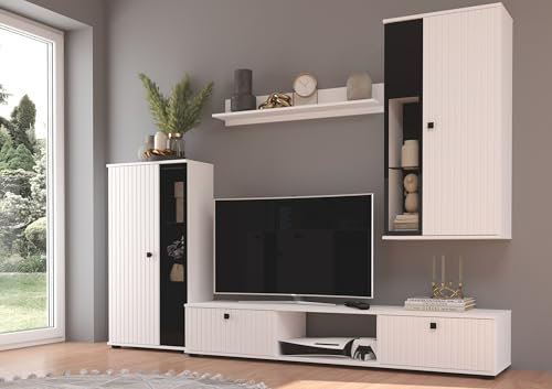 Kuechen-preisbombe Wohnwand Salsa 2 Lamellenoptik Anbauwand Schrankwand MDF Weiss matt