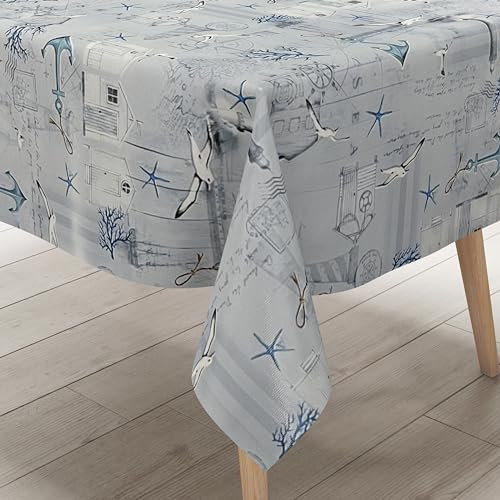 KEVKUS Wachstuch Tischdecke PC138-1 Leuchtturm Möwe Anker Boot wählbar in eckig, rund und oval - Größe rund 140cm Schnittkante