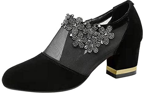 Pumps Damen Schwarz Mesh mit Blockabsatz Absatzschuhe Trachtenschuhe Schwarz mit Absatz Stöckelschuhe Tanzschuhe Elegant Party Damenschuhe Hohe Schuhe Vorne Geschlossen Bequem High Heels