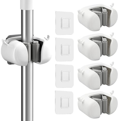 4 PCS Colgador de Escobas y Fregonas de Pared, Estantes de Escoba de Pared con 8 Ganchos, Soportes para Fregona Autoadhesivos, Porta Fregona Organizador de Escobas, Adhesivos Pinzas de Escoba (Verde)