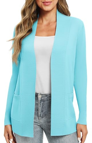 EXCHIC Donna Casuale Manica Lunga Lavorare a Maglia Cardigan Leggero Comodo Fronte Aperto Maglioni Lunghi con Tasche
