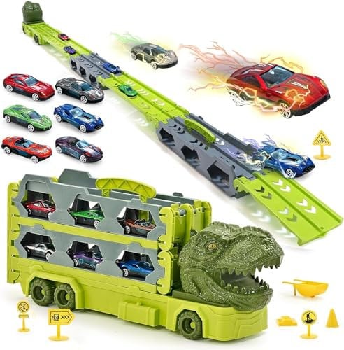 Transport Truck Toys Cars for Boys, 67in Race Track Dinosaur Truck Toys with 6 Race Cars for Toddlers Toys Age 3 4 5 6 7 8 Kids Boys and Girls Birthday Gifts