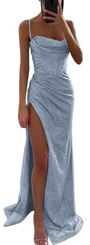 Damen Off Shoulder Pailletten Brautjungfernkleid Lang Split Elegant Formal Abendkleid A Linie Hochzeit Party Kleid Abschlusskleid Cocktailkleid Sexy (Blue-a, S)