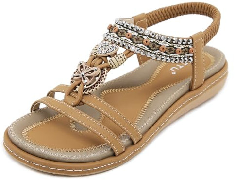 Acfoda Sandales Femme Été Confortable Plats Nu Pieds Cuir Tong de Plage Mode Claquettes Bout Ouvert avec Strass Marrón 39 EU = 40 CN