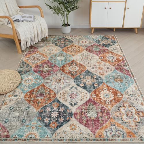 Xfrog Boho Blumen Teppich - Rutschfester Waschbarer Ultraweicher Antiker Flächenteppich Mit Niedrigem Flor für Wohnzimmer, Schlafzimmer, Kinderzimmer - 200 x 300 cm