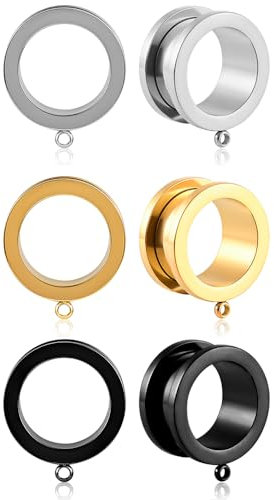 Vankula Ohr Tunnel mit anhänger 6 PCS DIY Double Flared Flesh Plug Edelstahl für männer damen Ohrpiercing Gestreckte Schmuck 6mm(2G) 6 PCS Schwarz Gold Silber