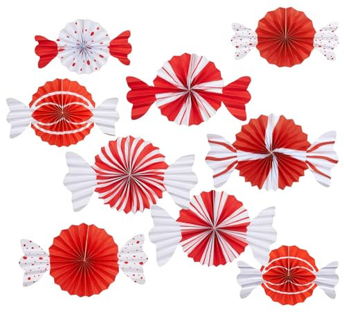 SUNBEAUTY Christmas Hanging Candy Paper Fans - 9pcs Party Home Decorations Christmas Themed Perfect Hanging Fans for for Xmas Holiday Ceilings Wall Decor Winter New Year Party