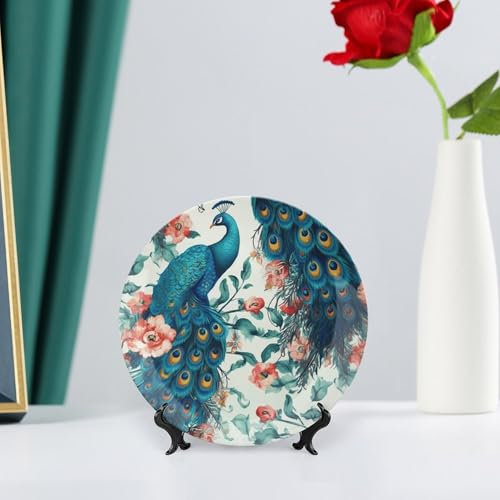 Bone China Dekorativer Teller Schöne Pfau Blumen Keramik Dekorativer Teller mit Präsentationsständer Dekorativer Teller Runde Porzellanteller Speiseteller für Zuhause Arbeitszimmer Hotel