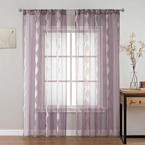 BUHUA Voile Vorhänge Halbtransparent Vorhang Metallischer Stickerei Gardinen mit Stangendurchzug Silberne Wellenlinie Muster für Wohnzimmer 2er Set, 175x140cm (HxB) Lila