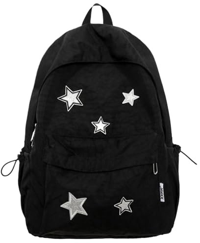Y2K -Rucksack großer Kapazität Star Rucksack Canvas School Rucksack mit glattem Reißverschluss & Vordertaschenbuchbeutel Black Laptop Rucksack für Mädchen -Wanderreisen, Black Rucksack für die Schule
