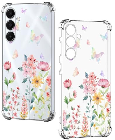 Nuxiady Coque pour Samsung Galaxy A55 5G Silicone Transparente Antichoc Housse TPU Fleur Anti-Rayures Étui Bumper avec Coins Renforcés Cover pour Galaxy A55, Fleur Papillon